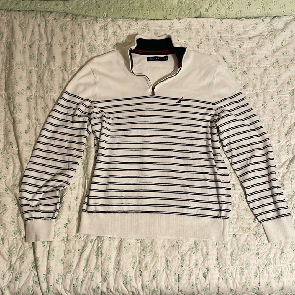 Nautica Mens White Navtech Striped Quarter-Zip Sweater